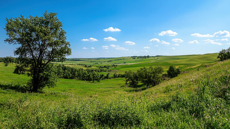 A picturesque landscape featuring rolling green hills under a bright blue sky, dotted with fluffy white clouds. Ideal for showcasing rural beauty and tranquility.の素材