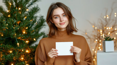 A young woman poses with a blank card in her hands, smiling gently in front of a beautifully decorated Christmas tree. The setting is warm and inviting, capturing the festive spirit of the season.の素材