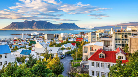 A stunning panoramic view of Reykjavik showcasing colorful buildings against a backdrop of majestic mountains and a clear blue sky, ideal for travel enthusiasts.の素材