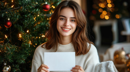 A joyful young woman smiles warmly while holding a blank card in a cozy holiday setting, surrounded by shimmering lights and a festive Christmas tree.の素材