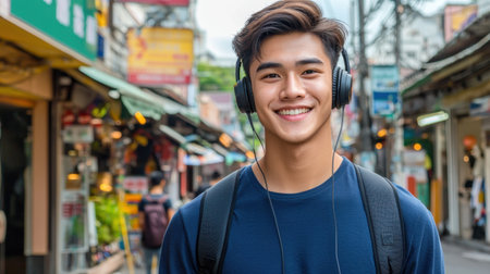 A young man smiles while wearing headphones in a lively urban street setting. His casual style reflects the joy of music in a bustling environment filled with vibrant colors.の素材