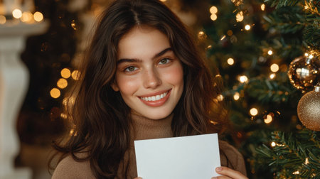 A young woman with a warm smile holds a blank card in a cozy holiday setting, surrounded by twinkling lights and festive decorations. Perfect for seasonal themes.の素材