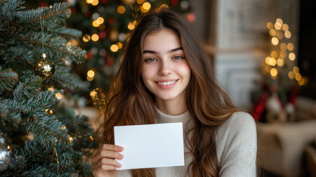 A young woman with a warm smile holds a blank card in a cozy Christmas setting, surrounded by decorations and twinkling lights, capturing holiday joy.の素材
