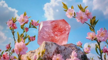 A stunning pink crystal sits atop a textured rock, surrounded by delicate cherry blossom flowers. The vibrant colors and serene sky create an enchanting springtime scene.の素材