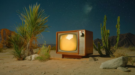 A vintage television set sits alone in a tranquil desert landscape under a starry night sky, creating a striking contrast between nature and retro technology.の素材