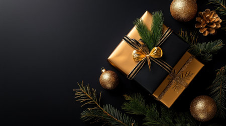 An elegant black and gold gift box adorned with a shiny ribbon and pine branch, surrounded by festive decorations, perfect for holiday celebrations.の素材