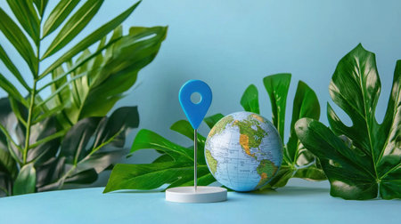 A vibrant image featuring a globe, location pin, and lush greenery, creating a refreshing atmosphere. Ideal for travel, nature themes, and exploration concepts.の素材