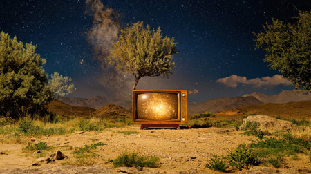 A vintage television sits alone in a serene desert landscape under a starry sky. The retro screen reflects the beauty of the cosmos, merging nature and nostalgia.の素材
