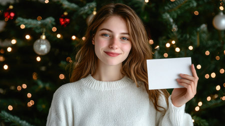 A cheerful young woman holds a blank card in front of a beautifully decorated Christmas tree, creating a warm and festive atmosphere perfect for holiday greetings.の素材