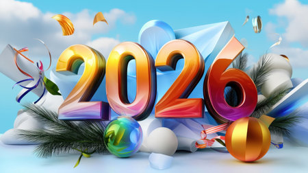 Vibrant 2026 illustration featuring festive decorations, balloons, and confetti, perfect for capturing the joy of the New Year celebration. Bright colors enhance the cheerful atmosphere of the event.の素材