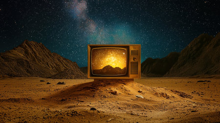 A vintage television sits in a desolate desert, showcasing a cosmic landscape. Stars illuminate the night sky, creating a surreal and imaginative scene.の素材