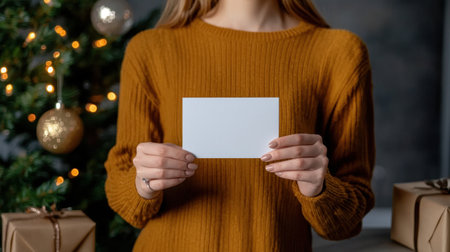 A woman in a cozy sweater holds a blank card in front of a beautifully decorated Christmas tree, emphasizing the spirit of the festive season and creativity.の素材