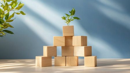 A showcase of wooden blocks stacked in a minimalistic design with a small green plant on top, set against a blue background, exuding freshness and creativity.の素材