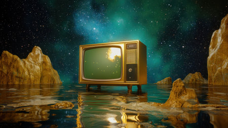 A captivating image of a vintage television surrounded by a surreal cosmic landscape. The scene features sparkling stars and a mesmerizing water reflection, creating a dreamlike atmosphere ideal for artistic exploration.の素材