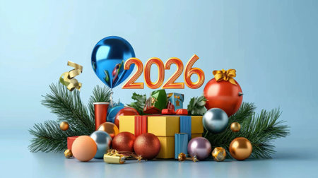 Celebrate the arrival of 2026 with vibrant decorations, colorful gifts, and festive ornaments. A joyful arrangement capturing holiday spirit and togetherness.の素材