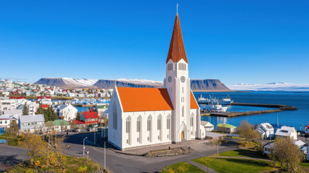 A charming church stands in a vibrant village near the water, framed by majestic mountains. Ideal for tourism, architecture, and travel visuals in Iceland.の素材