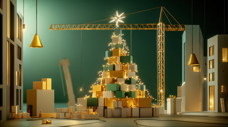 A charming holiday scene featuring a Christmas tree made of colorful gifts adorned with lights. Set against an urban background with construction elements, it highlights a unique festive atmosphere.の素材