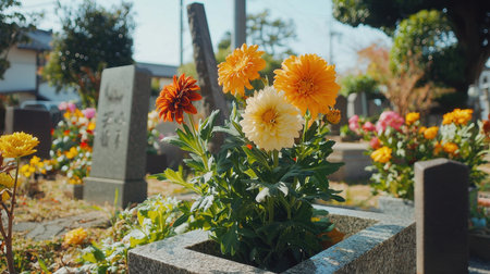Beautiful flowers bloom in a serene cemetery, creating a peaceful scene that honors memories. Bright colors stand out against gravestones and greenery.の素材