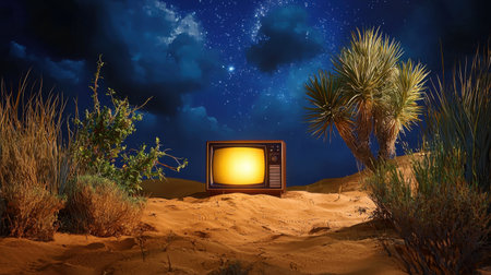 A vintage television glowing in a serene desert landscape at night, surrounded by plants under a stunning starry sky, creating a surreal and peaceful atmosphere.の素材
