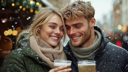 A joyful couple smiles warmly at each other while enjoying drinks in a snowy winter setting. The festive atmosphere radiates romance and happiness.の素材