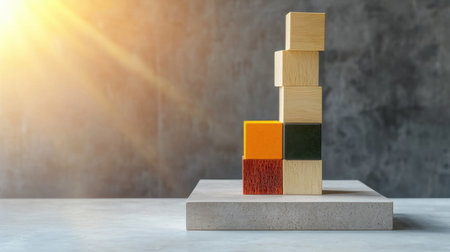 A vibrant arrangement of wooden blocks stacked creatively on a concrete base, illuminated by warm sunlight, showcasing a playful and artistic design.の素材