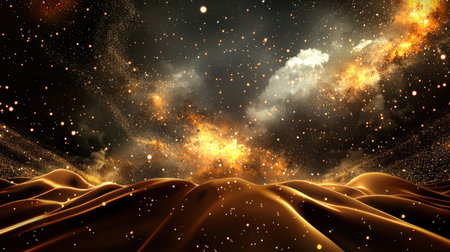 This stunning cosmic scene features golden terrain beneath a breathtaking starry sky. The beauty of the universe unfolds with shimmering dust and vibrant nebulae.の素材