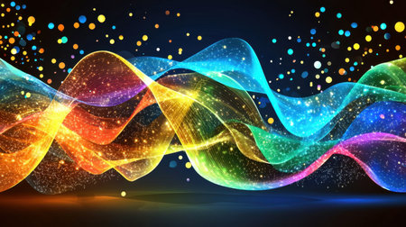 Vibrant abstract design featuring colorful waves and sparkles, ideal for backgrounds and creative projects. The motion and light effects create a stunning visual impact.の素材