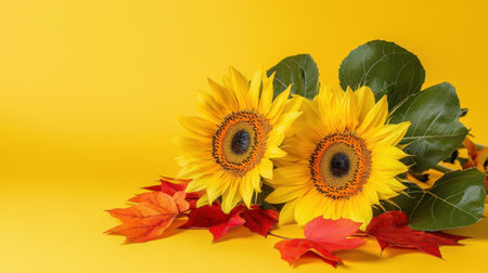A stunning arrangement showcasing bright sunflowers alongside colorful autumn leaves, set against a cheerful yellow background, perfect for seasonal decoration.の素材