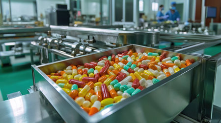 A vibrant assortment of colorful capsules in a pharmaceutical production facility highlights the manufacturing process. Ideal for healthcare and industry visuals.の素材