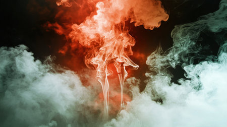 Mesmerizing smoke swirls in shades of red and white create an ethereal atmosphere. This captivating abstract image showcases dynamic movements and textures.の素材