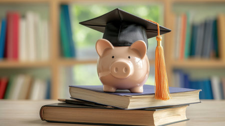A piggy bank adorned with a graduation cap sits atop stacked books, symbolizing the importance of saving for education and financial planning.の素材