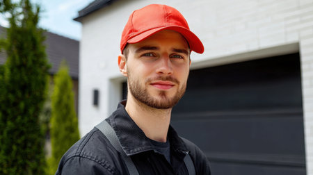 A young man wearing a red cap stands outdoors near a house, surrounded by greenery. He smiles confidently, showcasing a friendly and approachable demeanor.の素材