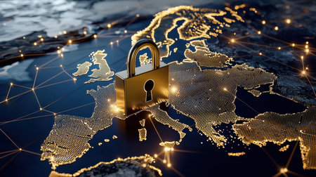 This image features a golden padlock symbolizing cybersecurity positioned on a detailed map of Europe. It represents digital safety, protection, and secure connections in today's technology-driven world.の素材