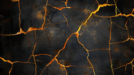 Stunning dark cracked surface features glowing golden lines, creating striking contrast. Ideal for backgrounds or artistic concepts, this texture evokes mystery and transformation.の素材