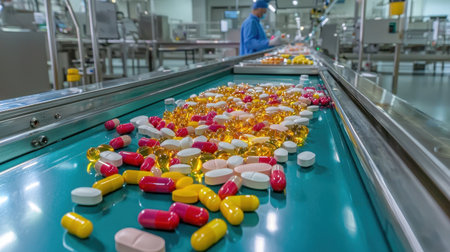Vibrant assortment of capsules and tablets on a production line in a pharmaceutical facility. Highlights the process of modern healthcare manufacturing.の素材