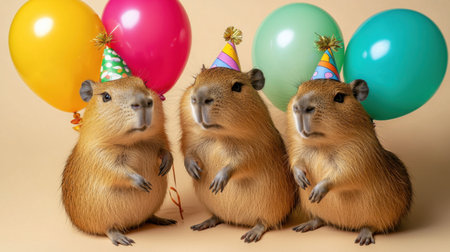 Three capybaras celebrate with colorful balloons and party hats, radiating joy and festivity. Perfect for themes of friendship, fun, and animal cuteness.の素材