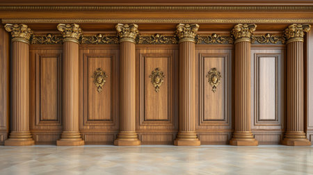 A stunning wooden wall featuring intricately designed columns and decorative elements, perfect for an elegant interior design project or artistic backdrop.の素材