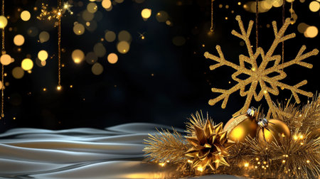 This elegant holiday image features a gold snowflake ornament surrounded by shiny decorations, creating a festive atmosphere perfect for winter celebrations.の素材