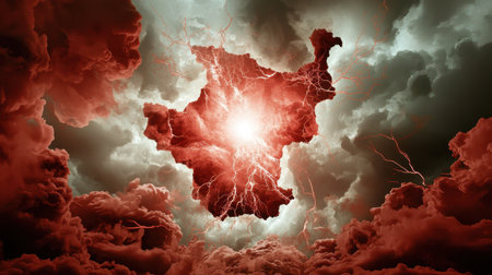 A captivating image featuring a dramatic red lightning storm illuminating the outline of a country map, creating an intense atmospheric effect.の素材