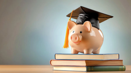 A piggy bank wearing a graduation cap sits atop a stack of books, symbolizing the importance of saving for education and financial literacy to build a successful future.の素材