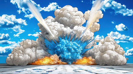 An artistic representation of a dynamic explosion featuring vibrant blue smoke and bright orange flames under a dramatic sky with fluffy clouds.の素材