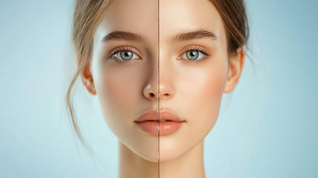 Captivating split portrait of a young woman displaying beauty and skincare effects, featuring symmetry and natural charm against a soft, soothing background.の素材