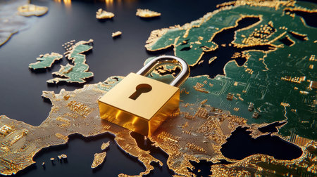 A golden padlock sits prominently on a digital map of Europe, representing concepts of security, data protection, and the importance of cybersecurity in the modern age.の素材