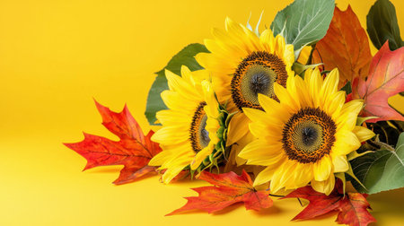 A stunning arrangement of vibrant sunflowers paired with colorful leaves, set against a bright yellow background, perfect for seasonal decoration or floral design.の素材