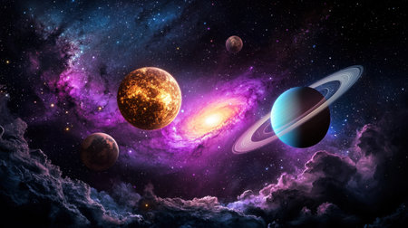 Dive into a stunning cosmic scene featuring colorful planets and a swirling galaxy. This artistic representation captures the beauty and mystery of deep space exploration.の素材