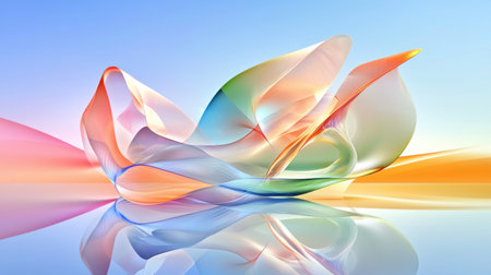 This stunning abstract artwork features colorful waves gracefully flowing across a smooth reflective surface. The soft light enhances the serene beauty and dynamic composition.の素材