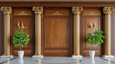 This image showcases an elegant interior featuring a rich wooden wall adorned with golden details, complemented by decorative plants, delivering a luxurious ambiance.の素材