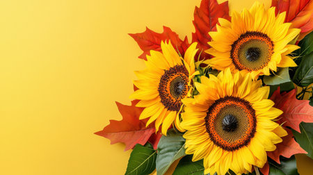 A stunning arrangement of bright sunflowers complemented by vibrant fall leaves against a cheerful yellow background, perfect for capturing the essence of the seasons.の素材