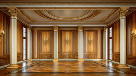 A stunning luxury interior featuring rich wooden walls and classic columns, evoking elegance and sophistication. Ideal for showcasing opulence in design.の素材