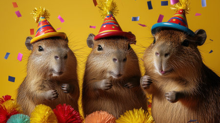 Three adorable capybaras don vibrant party hats while surrounded by colorful decorations. This lively scene captures the essence of festivity and joy, perfect for any celebration-themed project.の素材
